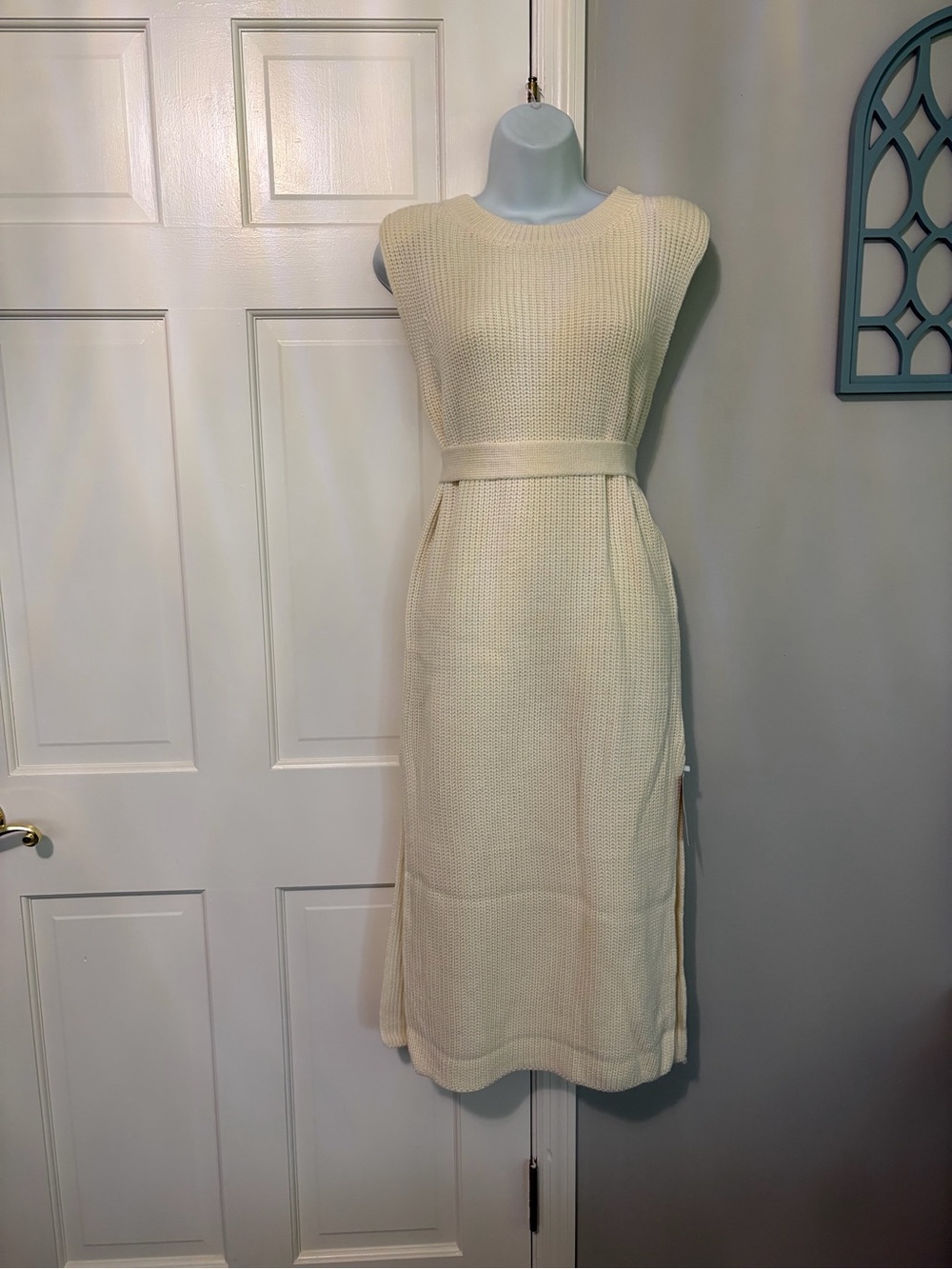 Cream Sleeveless Knit Belted Midi Dress - Picture 1 of 7